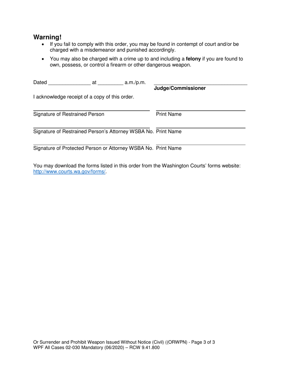 Form WPF All Cases02-030 Order to Surrender Weapons Issued Without Notice and Prohibit Weapons - Washington, Page 3