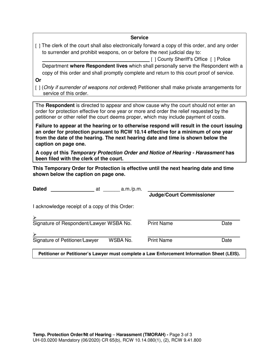 Form UH-03.0200 Temporary Protection Order and Notice of Hearing - Harassment - Washington, Page 3