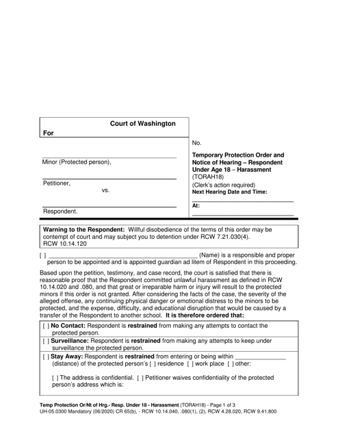 Form UH-05.0300 Temporary Protection Order and Notice of Hearing - Respondent Under Age 18 - Harassment - Washington