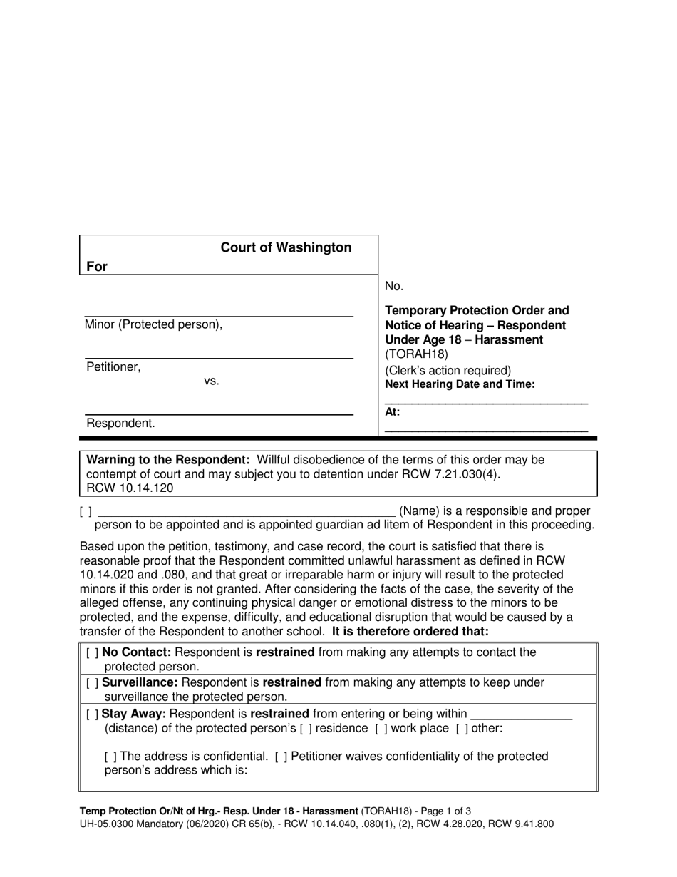Form UH-05.0300 Temporary Protection Order and Notice of Hearing - Respondent Under Age 18 - Harassment - Washington, Page 1