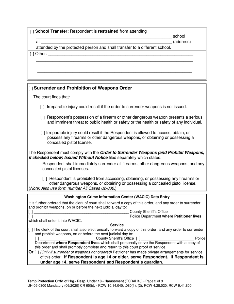 Form UH-05.0300 Temporary Protection Order and Notice of Hearing - Respondent Under Age 18 - Harassment - Washington, Page 2