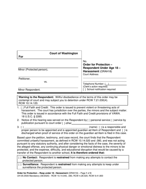 Form UH-05.0500 Order for Protection - Respondent Under Age 18 - Harassment - Washington