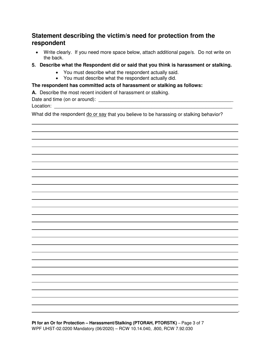 Form WPF UHST-02.0200 Petition for an Order for Protection - Harassment (Ptorah) and / or Stalking (Ptorstk) - Washington, Page 3