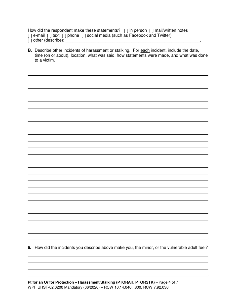 Form WPF UHST-02.0200 Petition for an Order for Protection - Harassment (Ptorah) and / or Stalking (Ptorstk) - Washington, Page 4