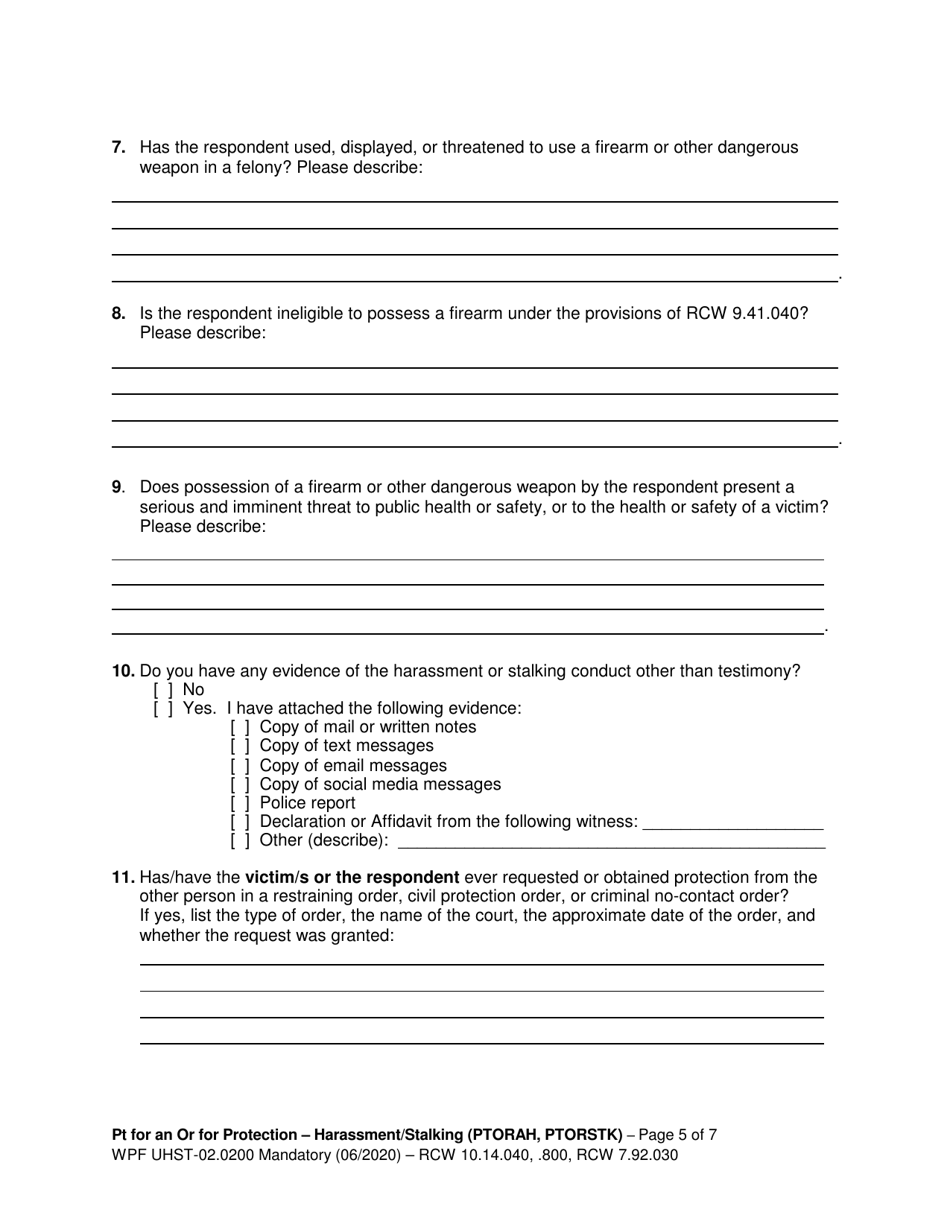 Form WPF UHST-02.0200 Petition for an Order for Protection - Harassment (Ptorah) and / or Stalking (Ptorstk) - Washington, Page 5