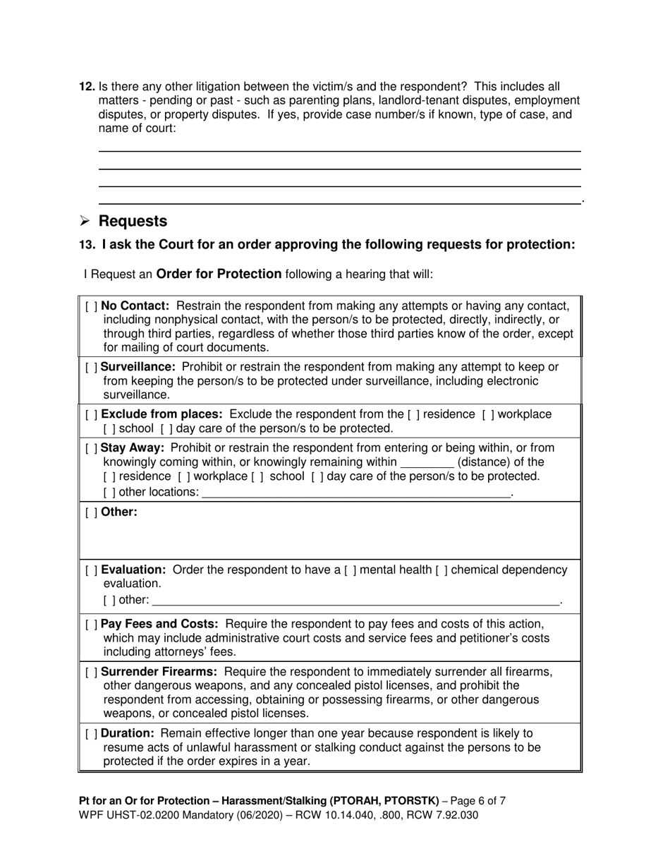 Form WPF UHST-02.0200 Petition for an Order for Protection - Harassment (Ptorah) and / or Stalking (Ptorstk) - Washington, Page 6