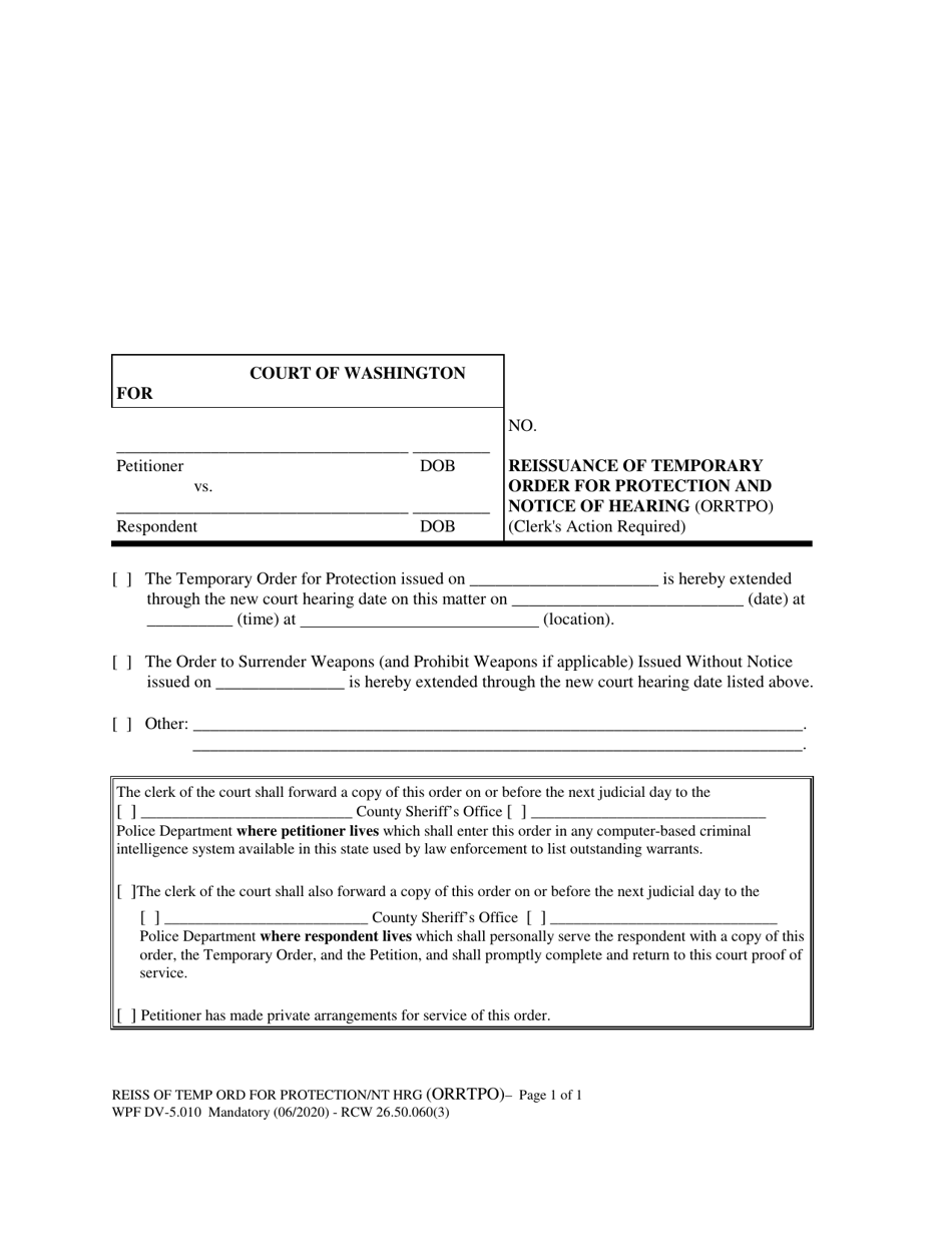 Form WPF DV-5.010 Reissuance of Temporary Order for Protection and Notice of Hearing - Washington, Page 1
