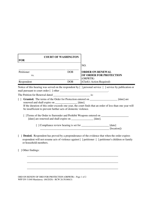 Form WPF DV-5.040 Order on Renewal of Order for Protection - Washington