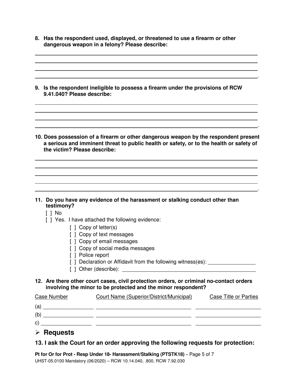 Form UHST-05.0100 Petition for an Order for Protection - Respondent Under Age 18 - Harassment (Ptah18) and / or Stalking (Ptstk18) - Washington, Page 5