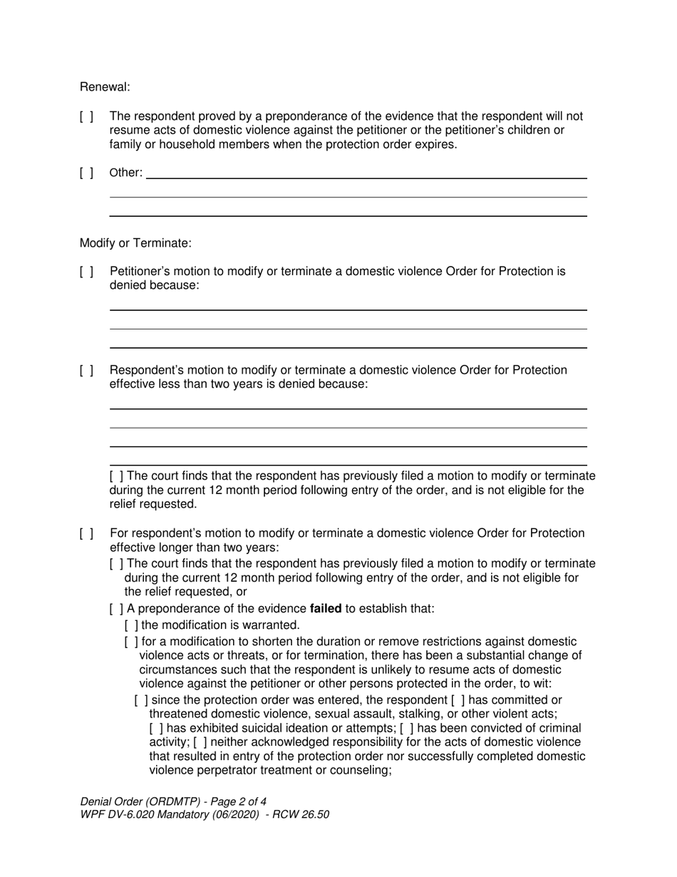Form WPF DV-6.020 Denial Order - Domestic Violence - Washington, Page 2