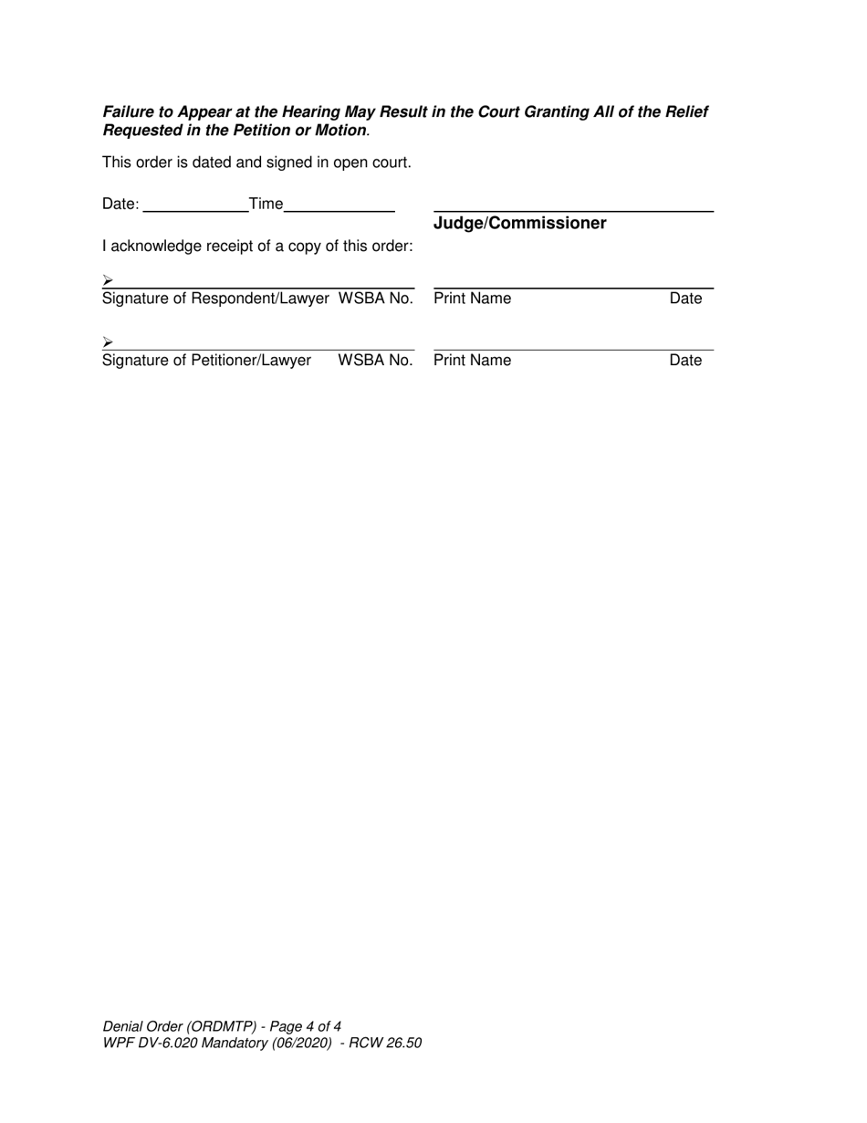 Form WPF DV-6.020 Denial Order - Domestic Violence - Washington, Page 4
