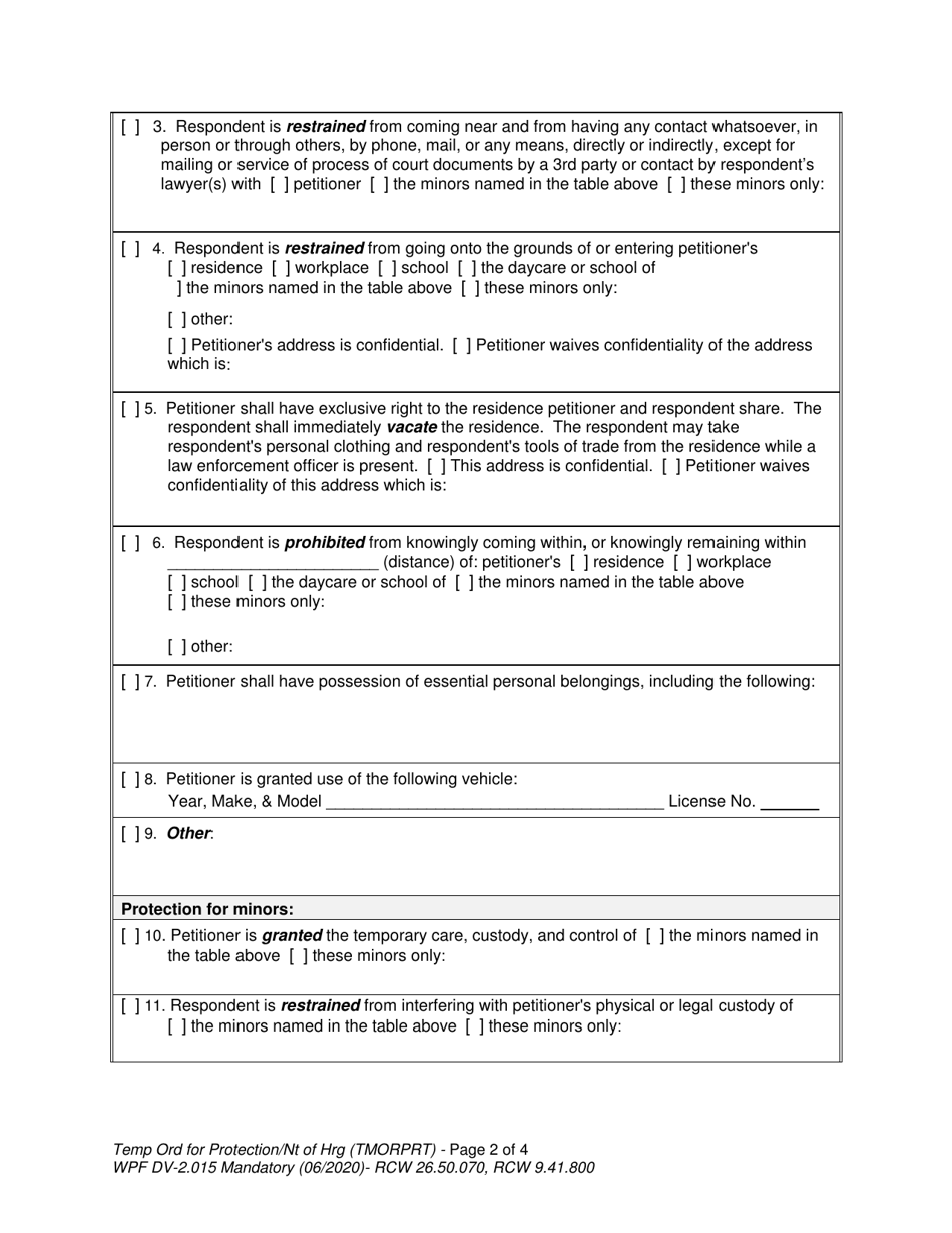 Form WPF DV-2.015 Temporary Order for Protection and Notice of Hearing - Washington, Page 2
