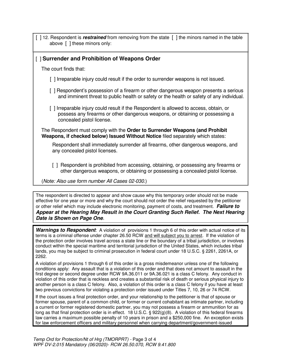 Form WPF DV-2.015 Temporary Order for Protection and Notice of Hearing - Washington, Page 3
