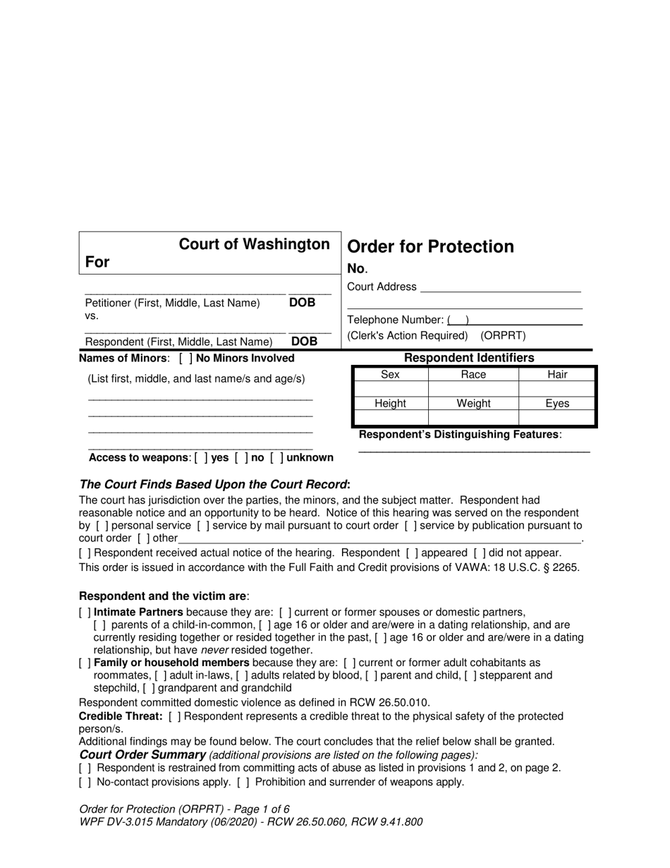 Form WPF DV-3.015 Order for Protection - Washington, Page 1