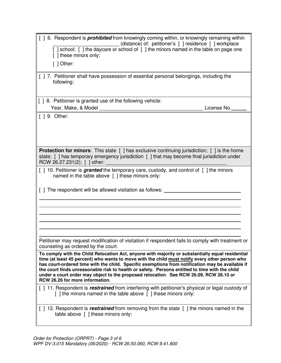 Form WPF DV-3.015 Order for Protection - Washington, Page 3