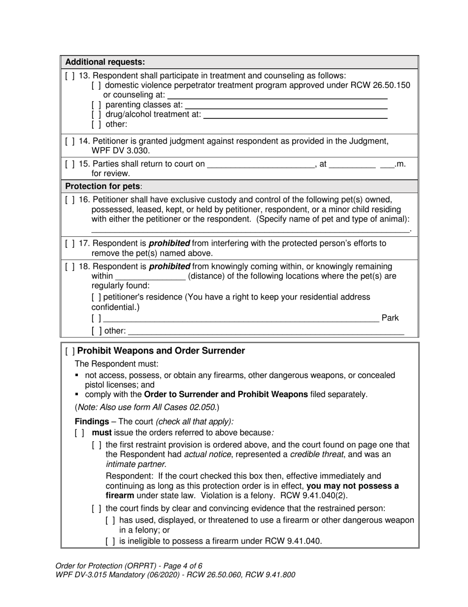 Form WPF DV-3.015 Order for Protection - Washington, Page 4