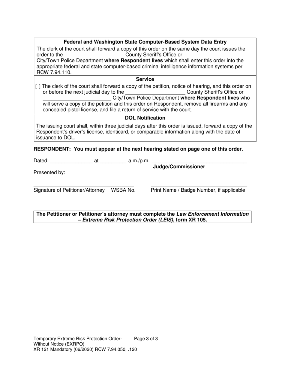 Form XR121 Temporary Extreme Risk Protection Order - Without Notice (Exrpo) - Washington, Page 3