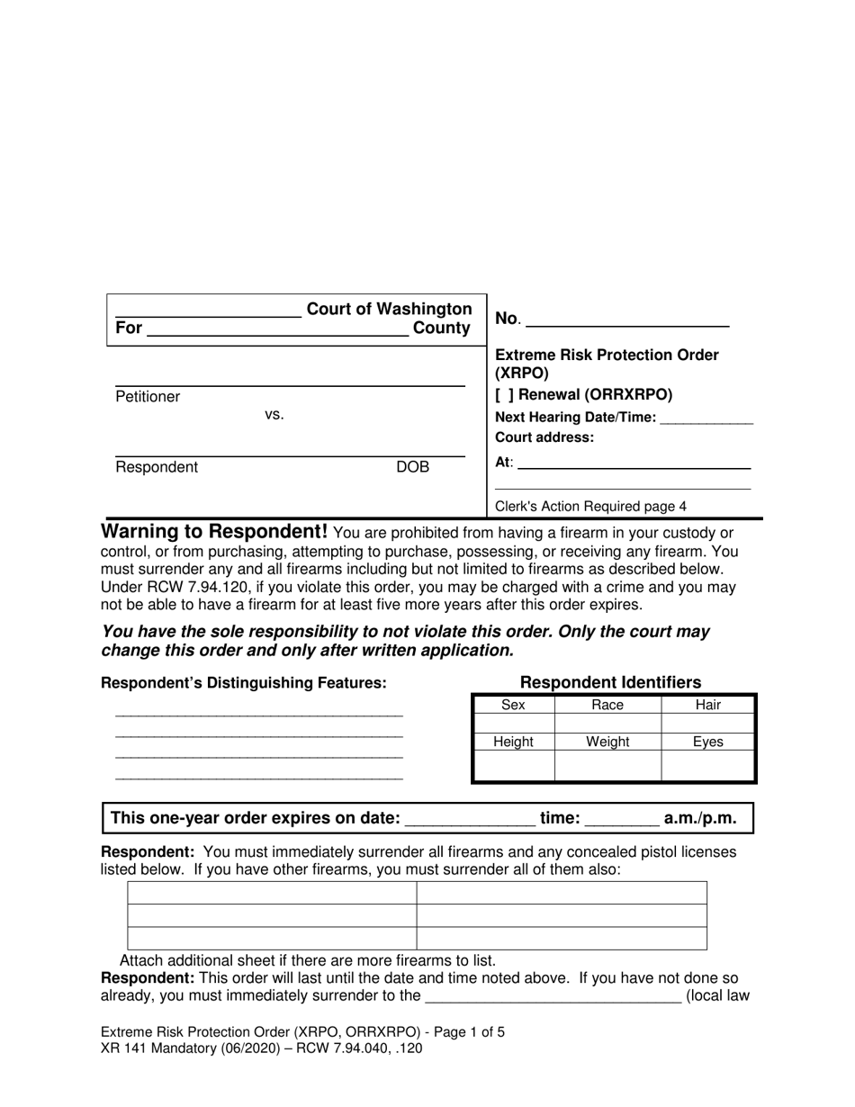 Form XR141 Extreme Risk Protection Order - Washington, Page 1
