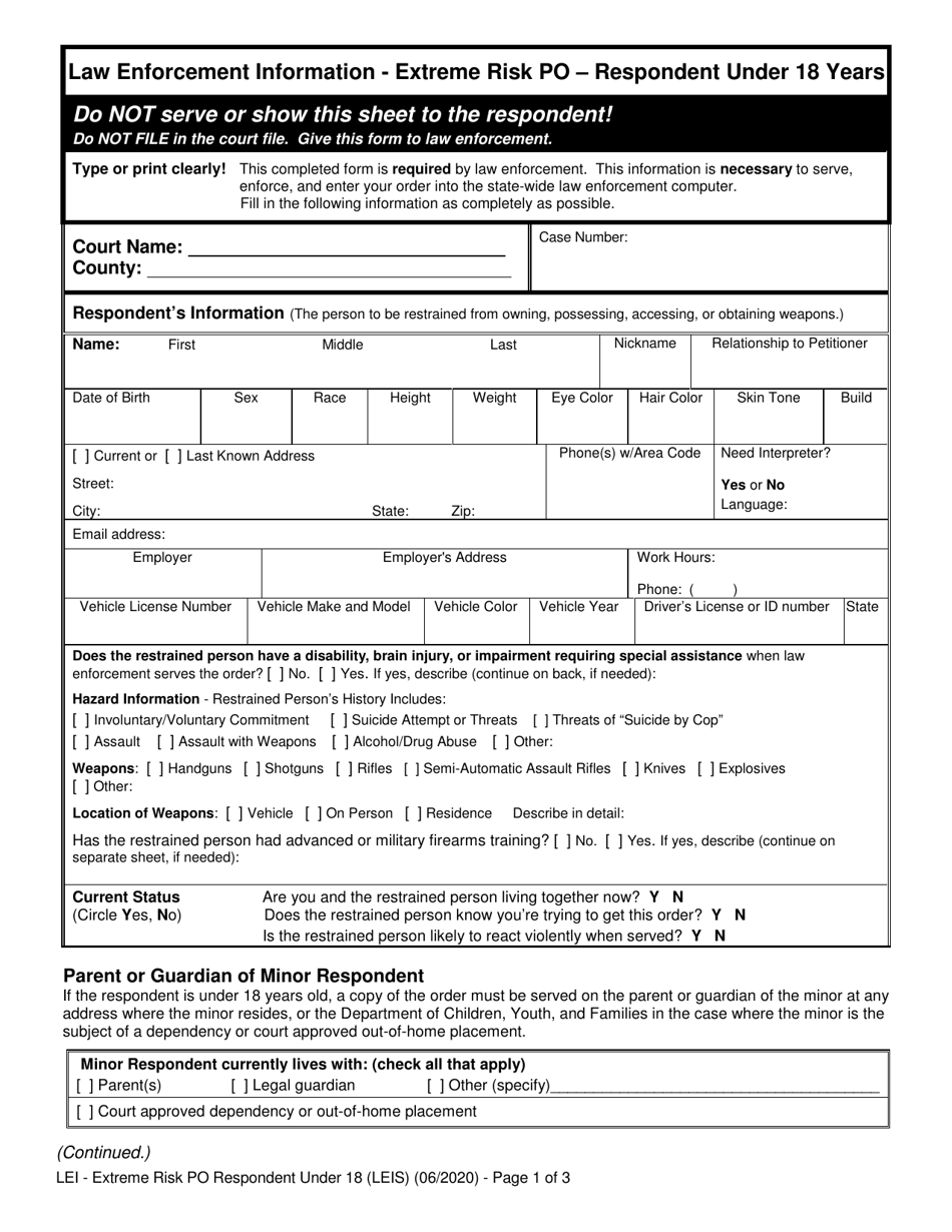 Form XR205 Law Enforcement Information - Extreme Risk Po - Respondent Under 18 Years - Washington, Page 1