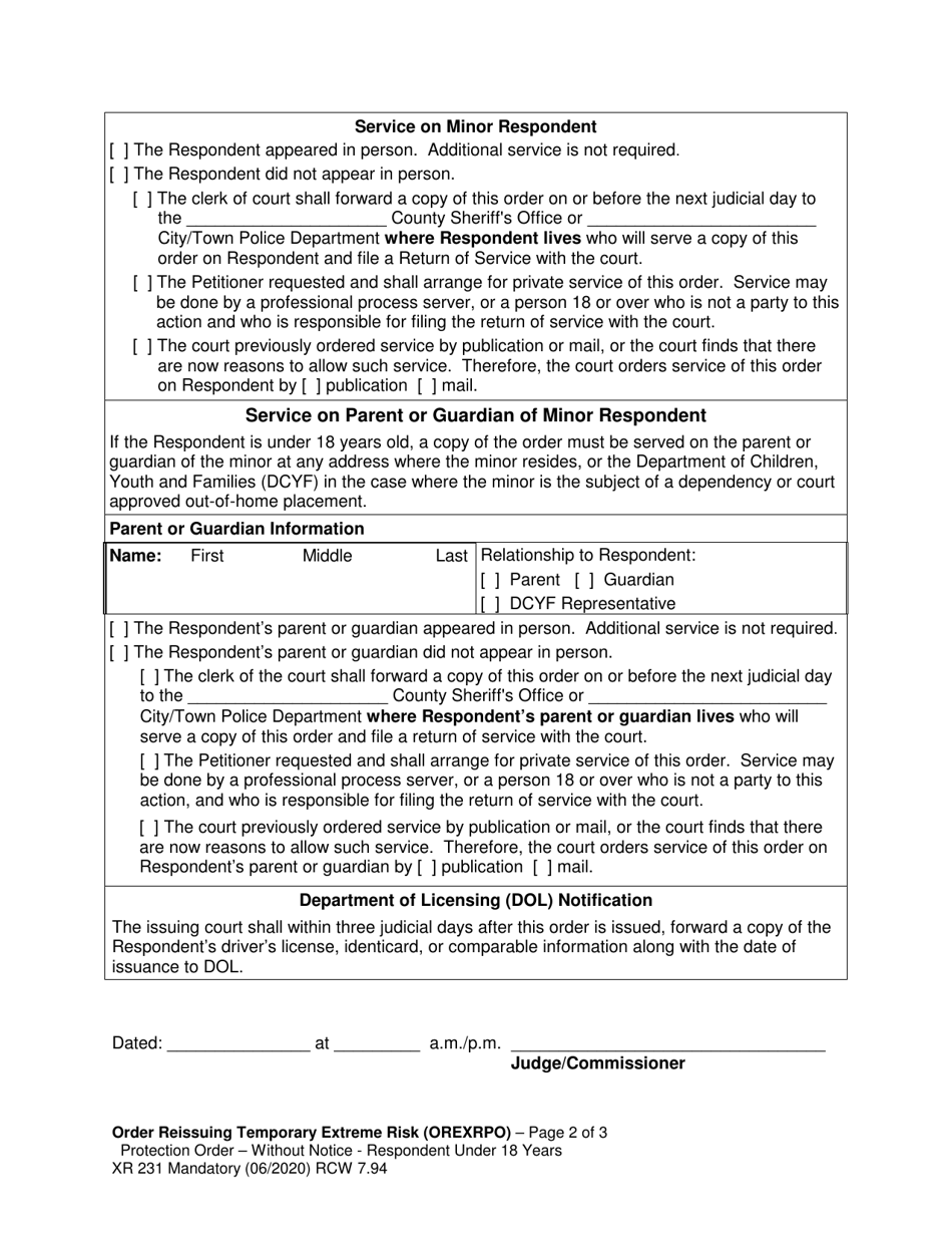 Form XR231 Order Reissuing Temporary Extreme Risk Protection Order - Without Notice - Respondent Under 18 Years - Washington, Page 2