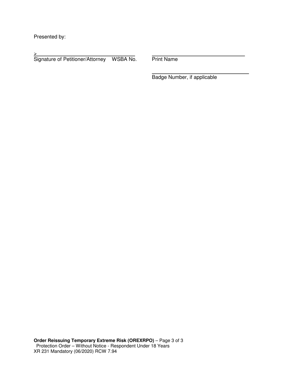 Form XR231 Order Reissuing Temporary Extreme Risk Protection Order - Without Notice - Respondent Under 18 Years - Washington, Page 3
