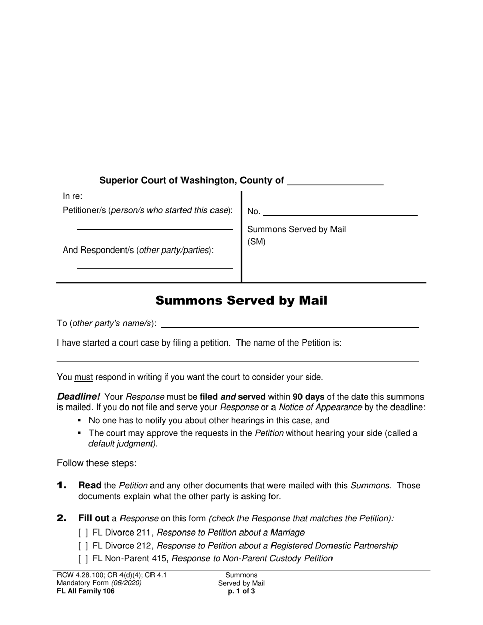 Form FL All Family106 Summons Served by Mail - Washington, Page 1