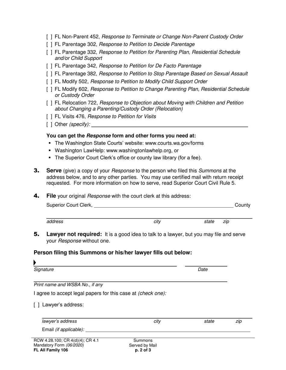 Form FL All Family106 Summons Served by Mail - Washington, Page 2