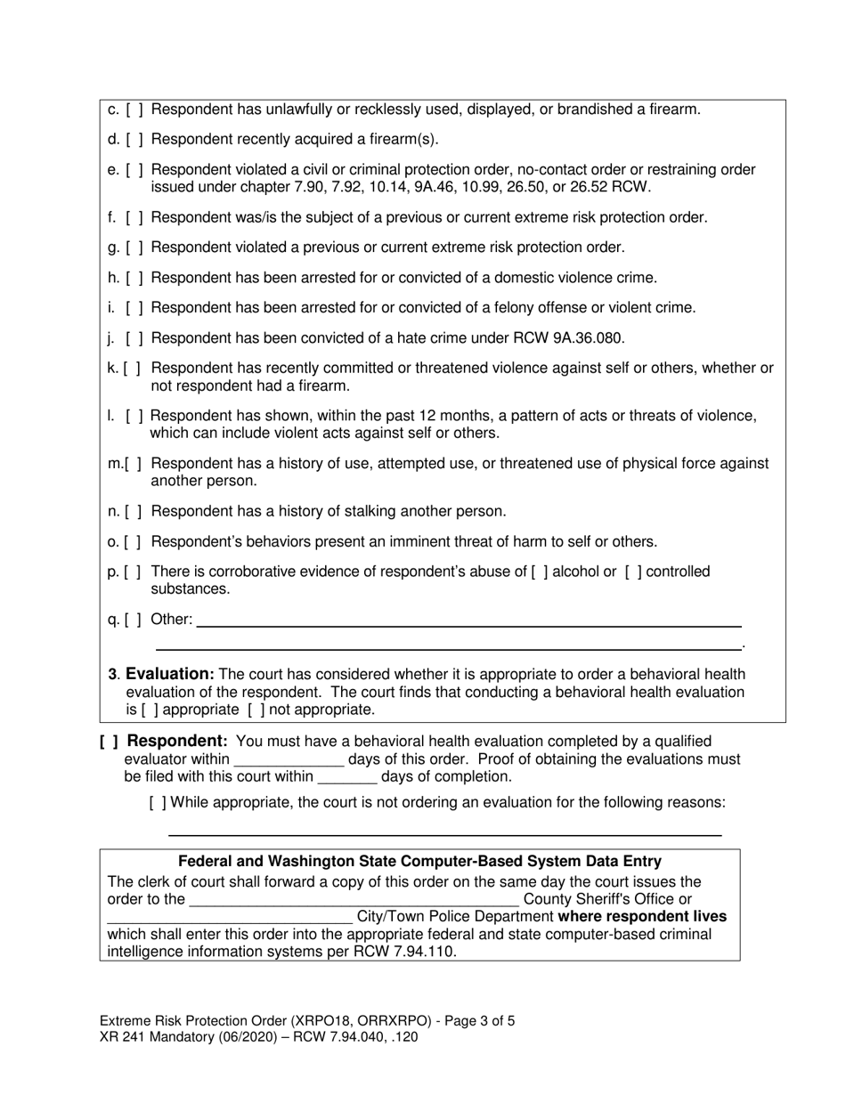 Form XR241 Extreme Risk Protection Order - Respondent Under 18 Years - Washington, Page 3