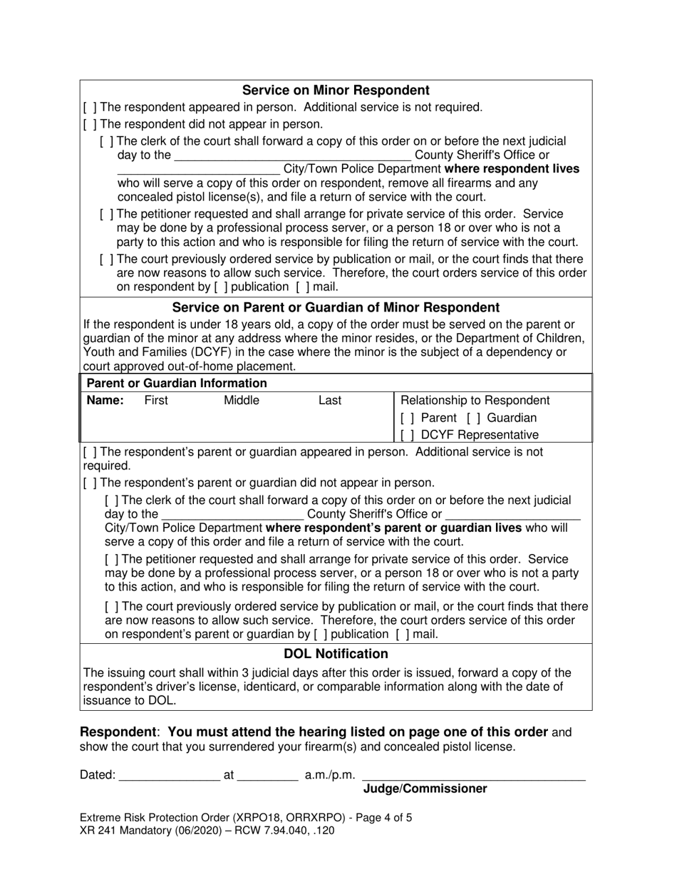 Form XR241 Extreme Risk Protection Order - Respondent Under 18 Years - Washington, Page 4