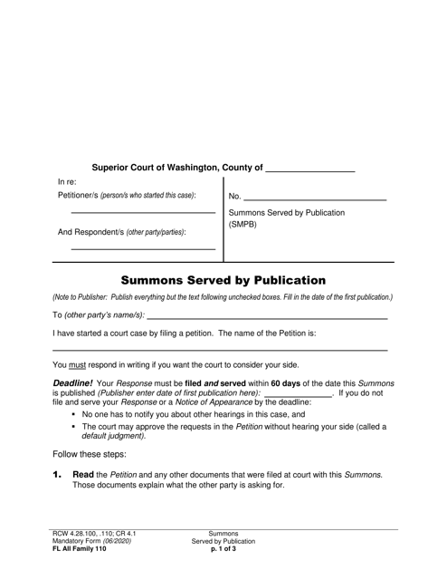 Form FL All Family110 Summons Served by Publication - Washington