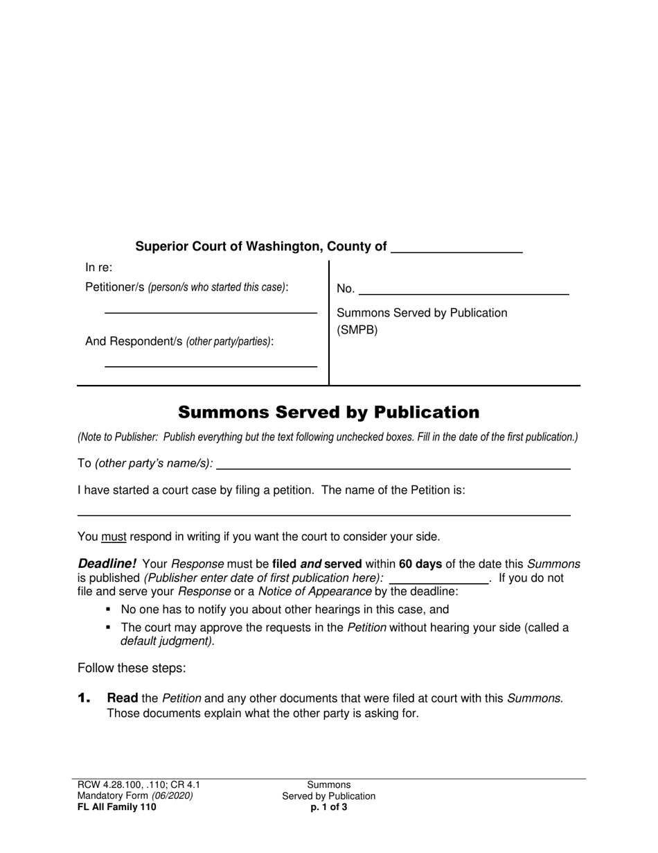 Form FL All Family110 Summons Served by Publication - Washington, Page 1