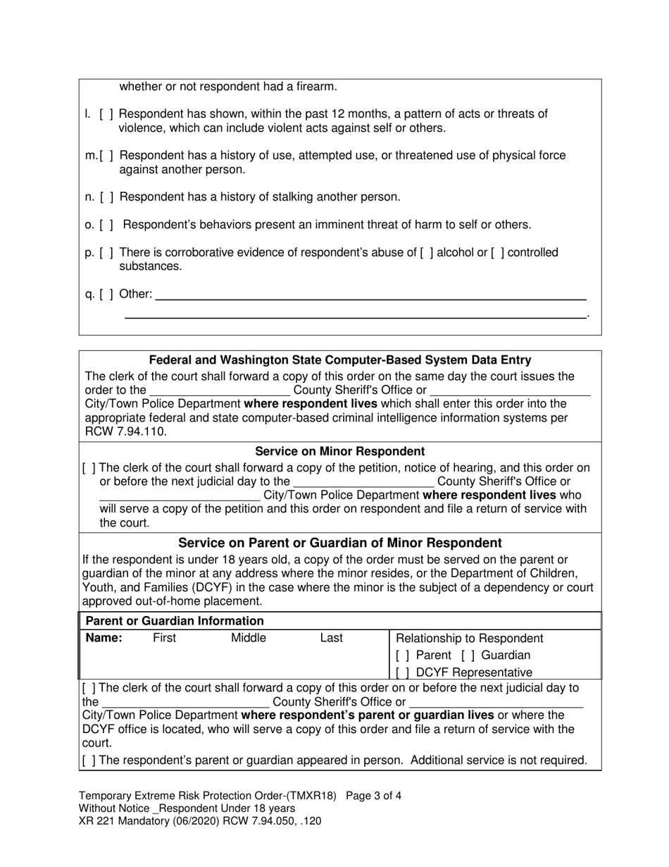 Form XR221 Temporary Extreme Risk Protection Order - Without Notice - Respondent Under 18 Years - Washington, Page 3