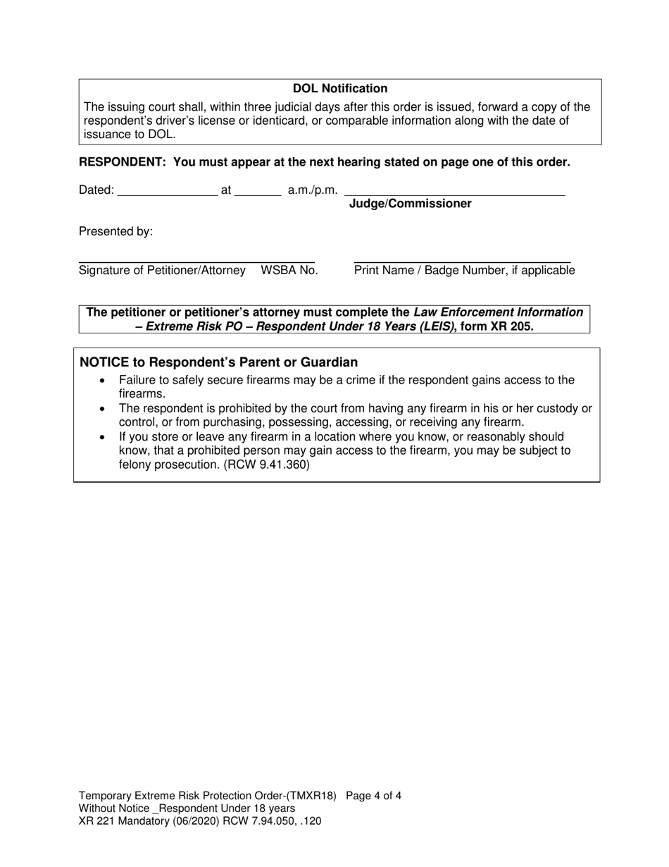Form XR221 Temporary Extreme Risk Protection Order - Without Notice - Respondent Under 18 Years - Washington, Page 4