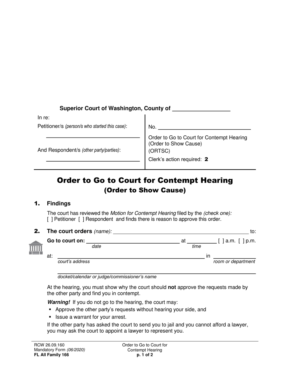 Form FL All Family166 Order to Go to Court for Contempt Hearing (Order to Show Cause) - Washington, Page 1