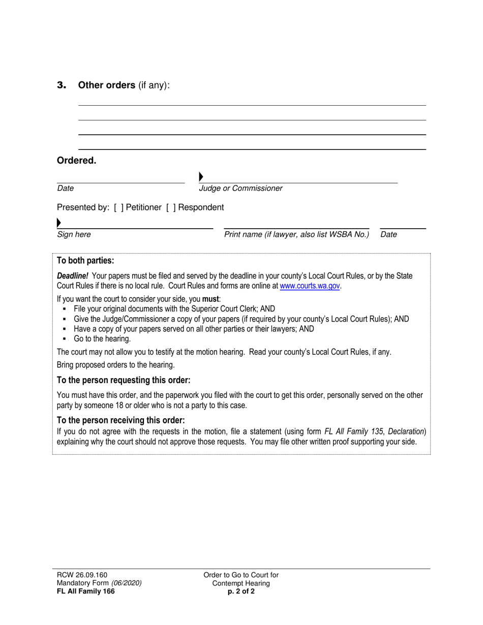 Form FL All Family166 Order to Go to Court for Contempt Hearing (Order to Show Cause) - Washington, Page 2