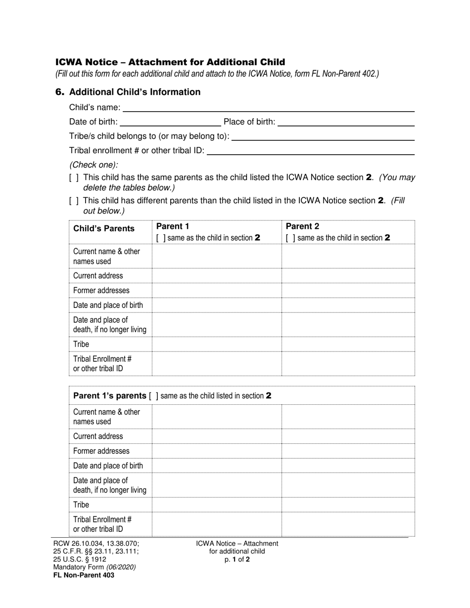 Form FL Non-Parent403 Icwa Notice - Attachment for Additional Child - Washington, Page 1