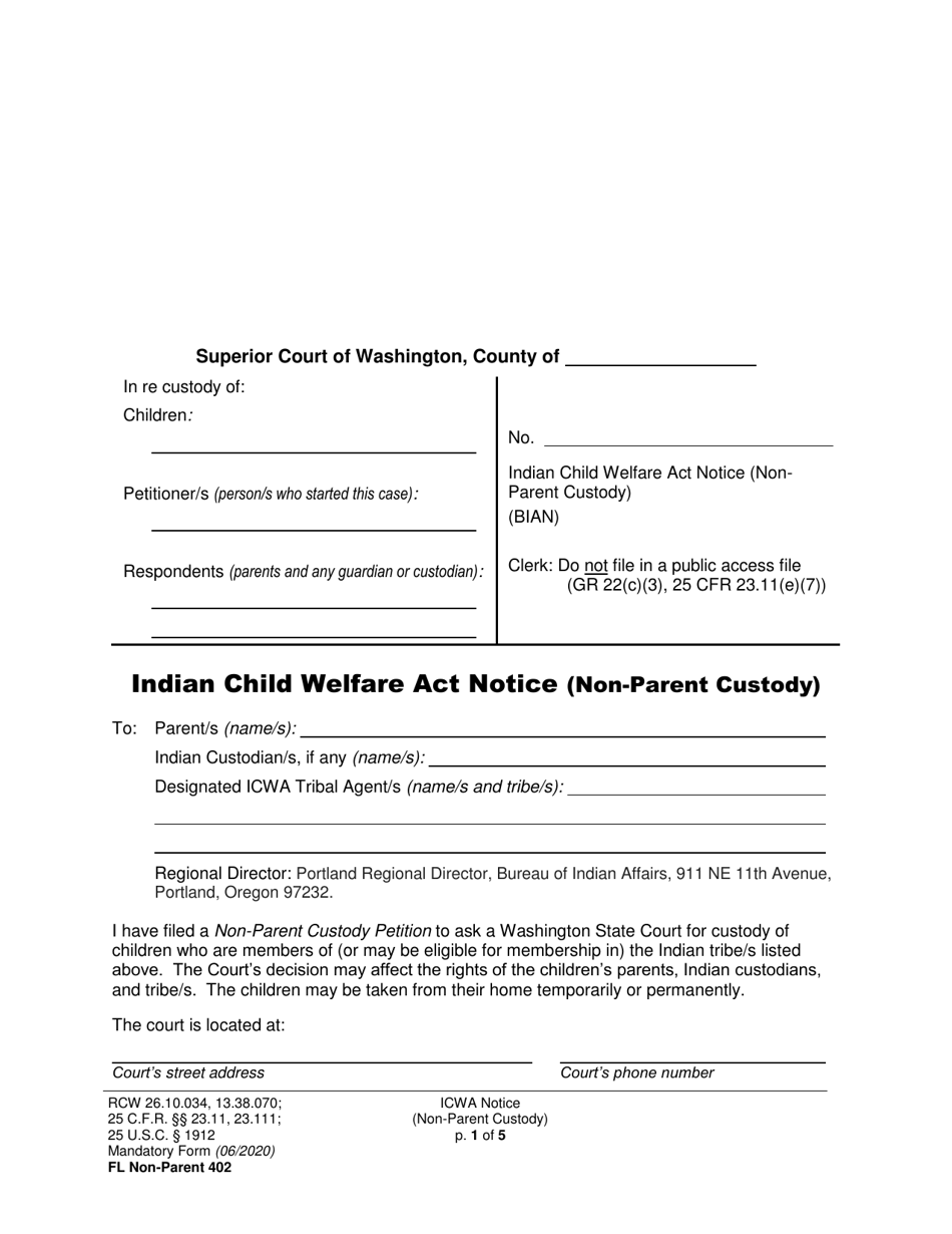 Form FL Non-Parent402 Indian Child Welfare Act Notice (Non-parent Custody) - Washington, Page 1