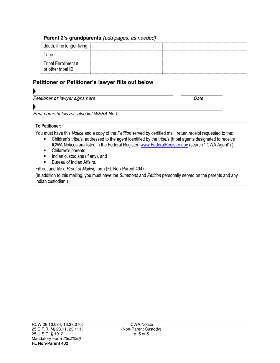 Form FL Non-Parent402 Indian Child Welfare Act Notice (Non-parent Custody) - Washington, Page 5