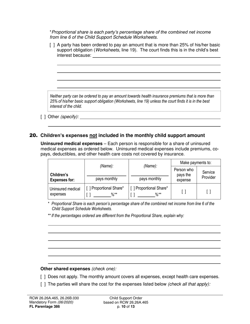 Form FL Parentage386 Child Support Order Based on Rcw 26.26a.465 - Washington, Page 10