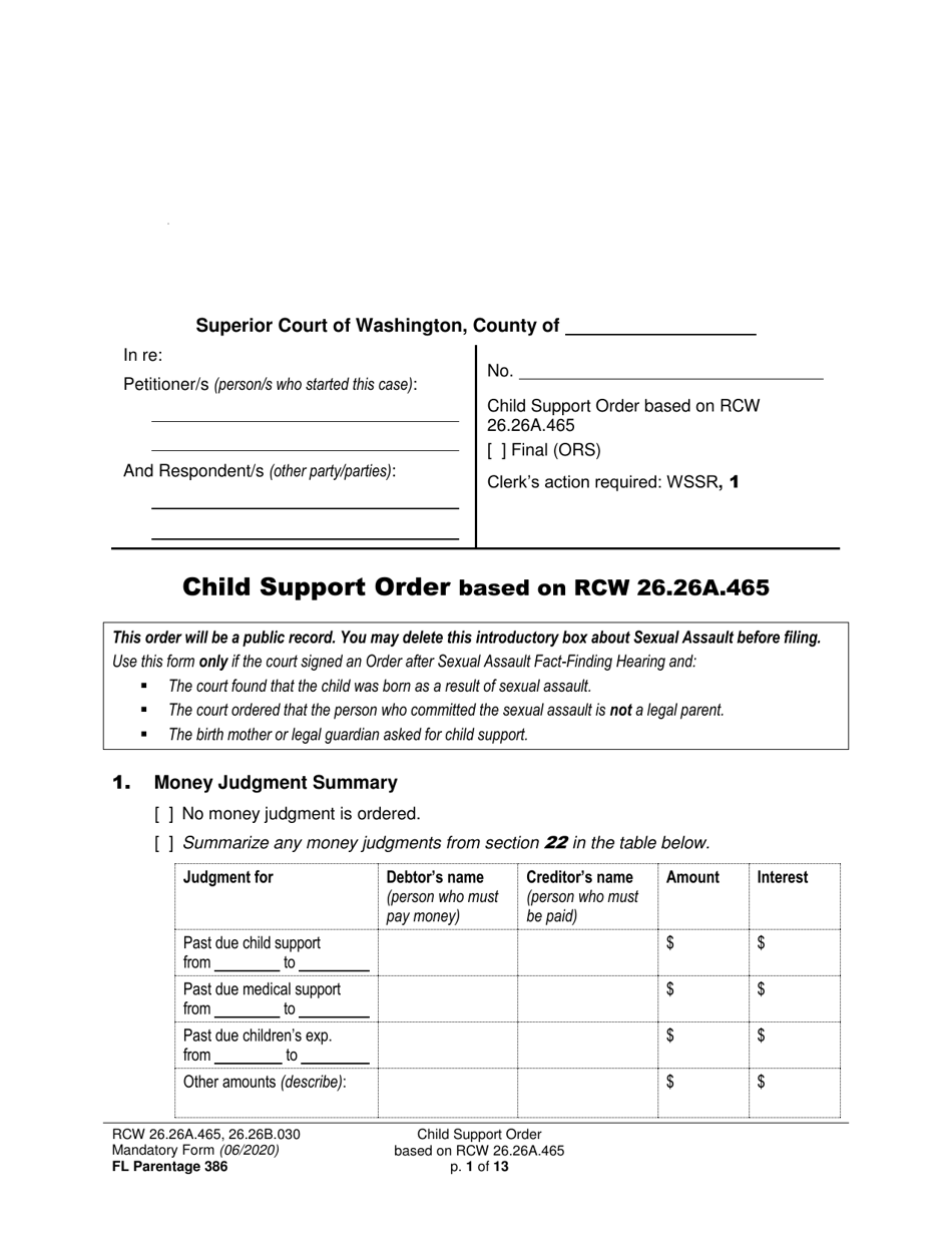 Form FL Parentage386 Child Support Order Based on Rcw 26.26a.465 - Washington, Page 1