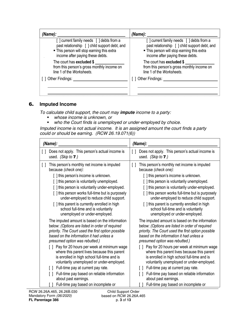 Form FL Parentage386 Child Support Order Based on Rcw 26.26a.465 - Washington, Page 3