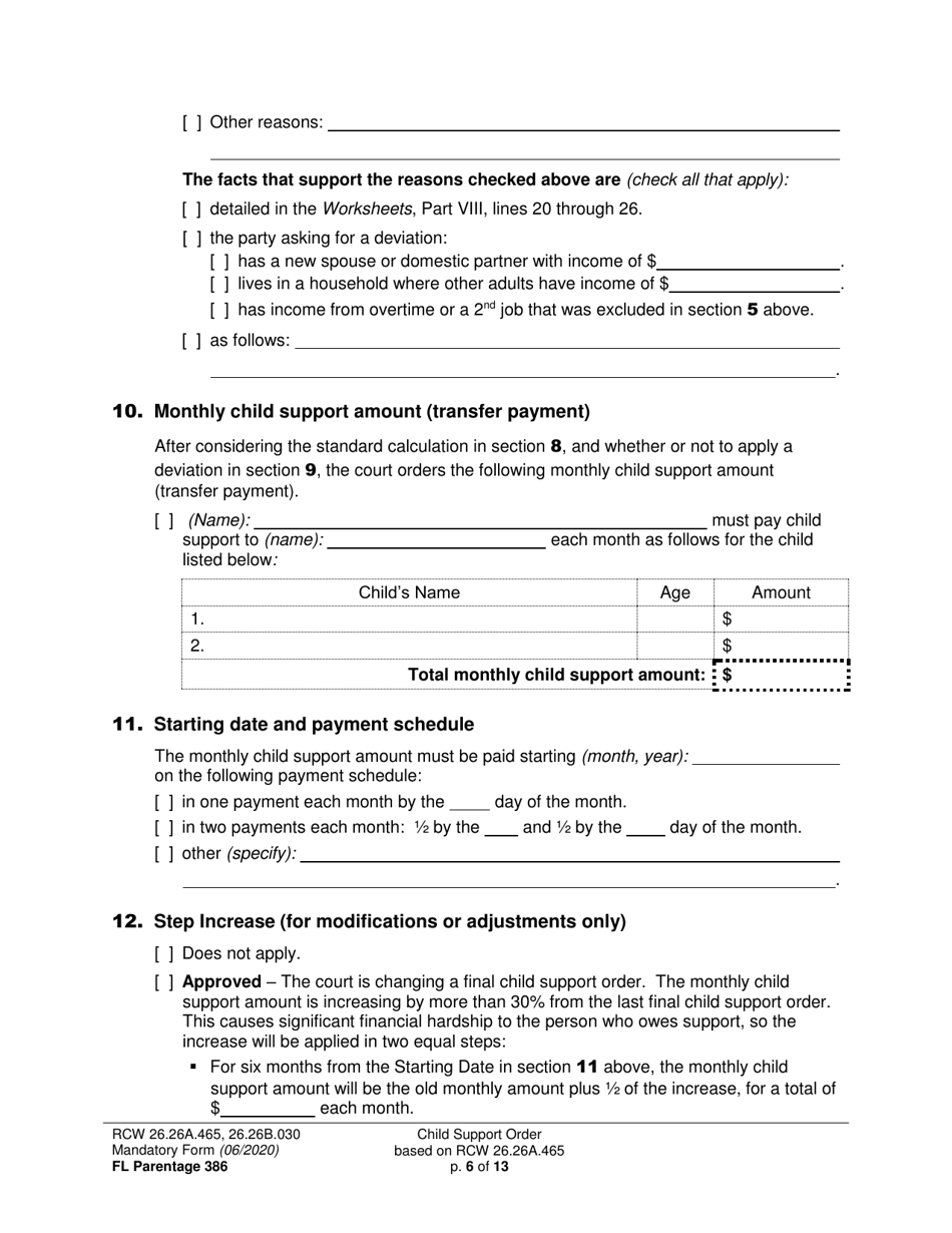 Form FL Parentage386 Child Support Order Based on Rcw 26.26a.465 - Washington, Page 6