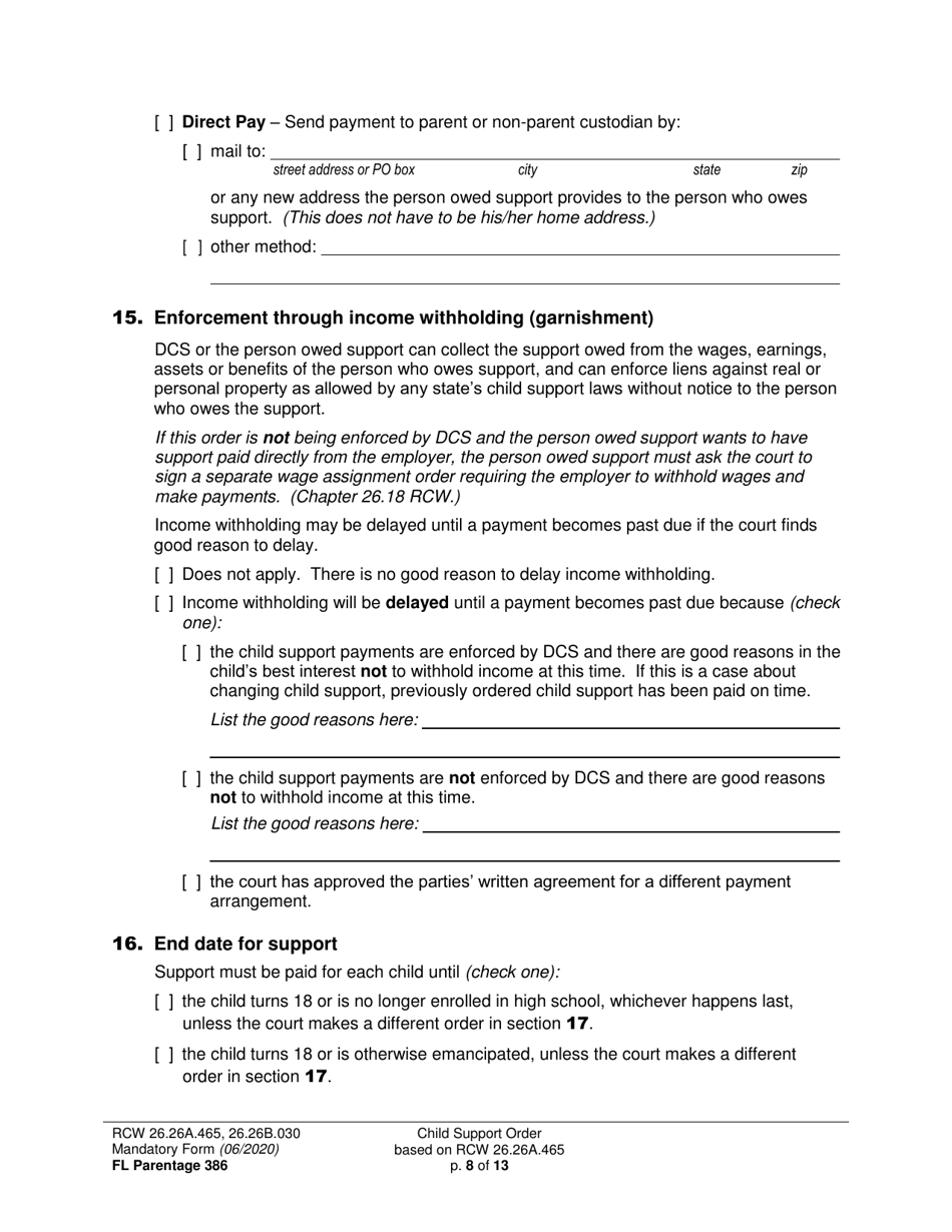 Form FL Parentage386 Child Support Order Based on Rcw 26.26a.465 - Washington, Page 8
