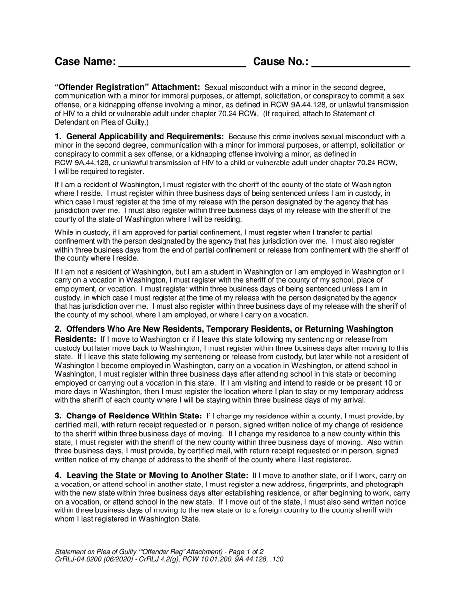 Form CrRLJ4.2(G) ORA offender Registration Attachment - Washington, Page 1