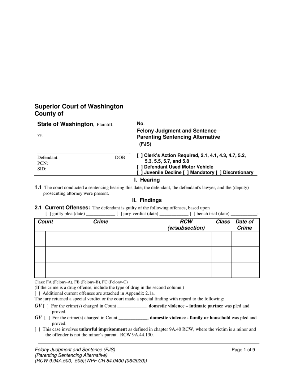 Form WPF CR84.0400 PSA Felony Judgment and Sentence - Parenting Sentencing Alternative (Fjs) - Washington, Page 1