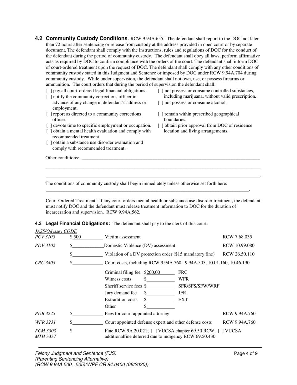 Form WPF CR84.0400 PSA Felony Judgment and Sentence - Parenting Sentencing Alternative (Fjs) - Washington, Page 4