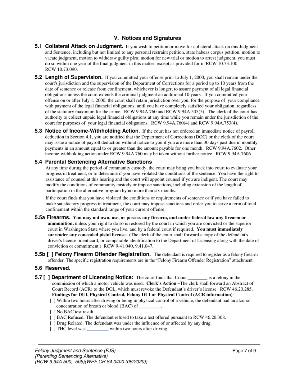 Form WPF CR84.0400 PSA Felony Judgment and Sentence - Parenting Sentencing Alternative (Fjs) - Washington, Page 7