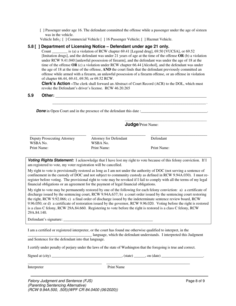 Form WPF CR84.0400 PSA Felony Judgment and Sentence - Parenting Sentencing Alternative (Fjs) - Washington, Page 8