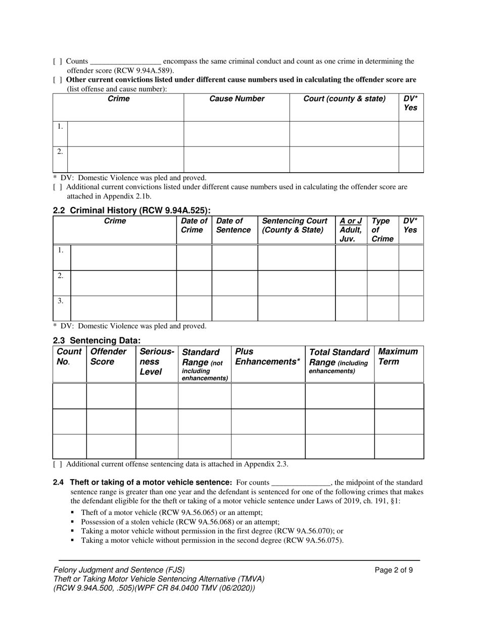 Form WPF CR84.0400 TMV Felony Judgment and Sentence - Theft or Taking of a Motor Vehicle - Washington, Page 2