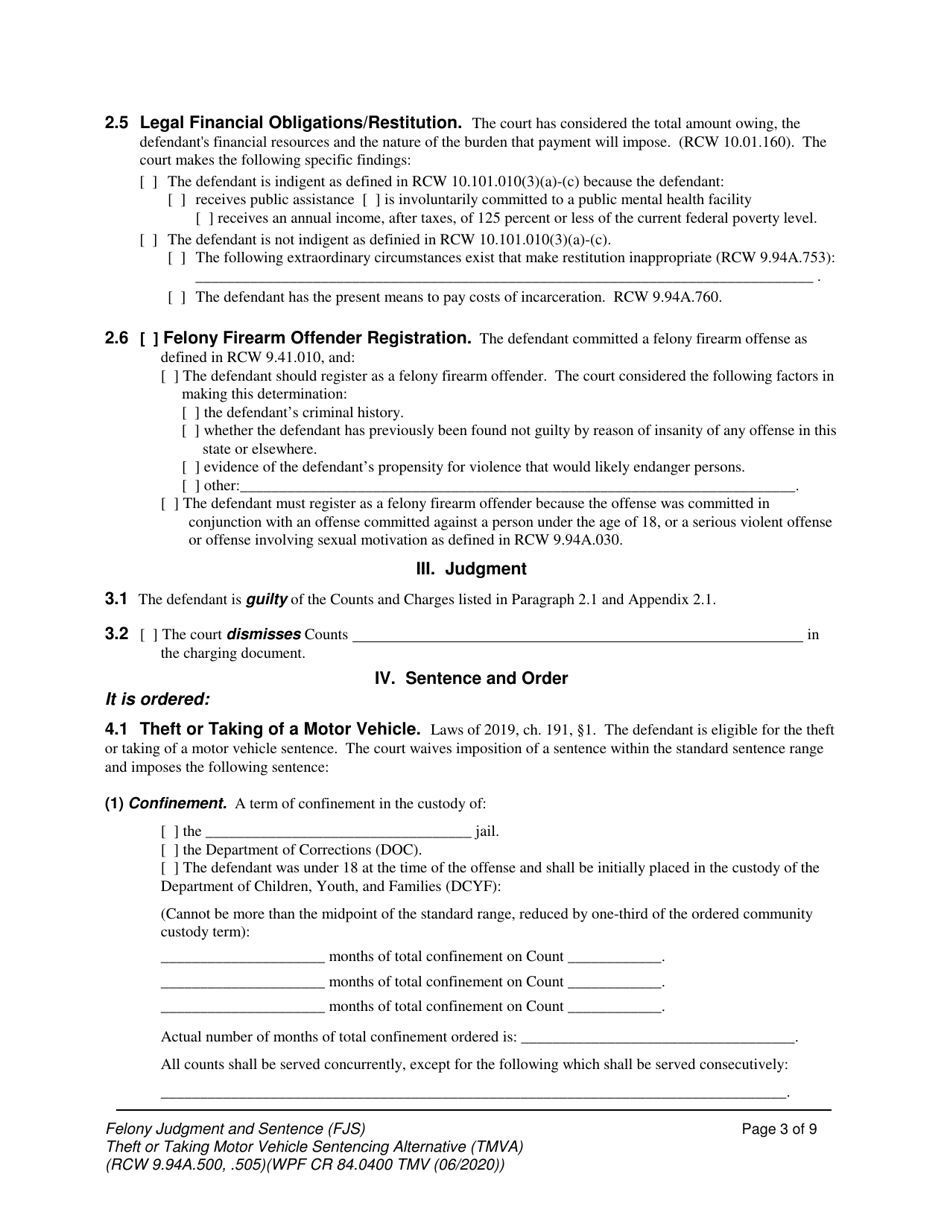 Form WPF CR84.0400 TMV Felony Judgment and Sentence - Theft or Taking of a Motor Vehicle - Washington, Page 3